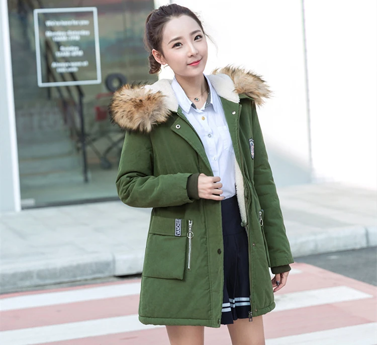 Пальто с натуральным большим меховым воротником, женские парки, зимняя куртка, армейский зеленый хаки красный размера плюс, женские пальто, тонкая теплая верхняя одежда, куртки
