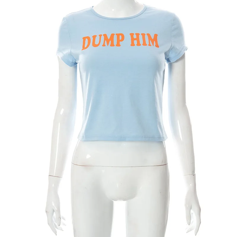 ALLNeon Cute 2000s Aesthetics Letter Print Blue Baby Tees Y2K Streetwear O-neck Short Sleeve Crop Tops Women Fashion 2022 Slim