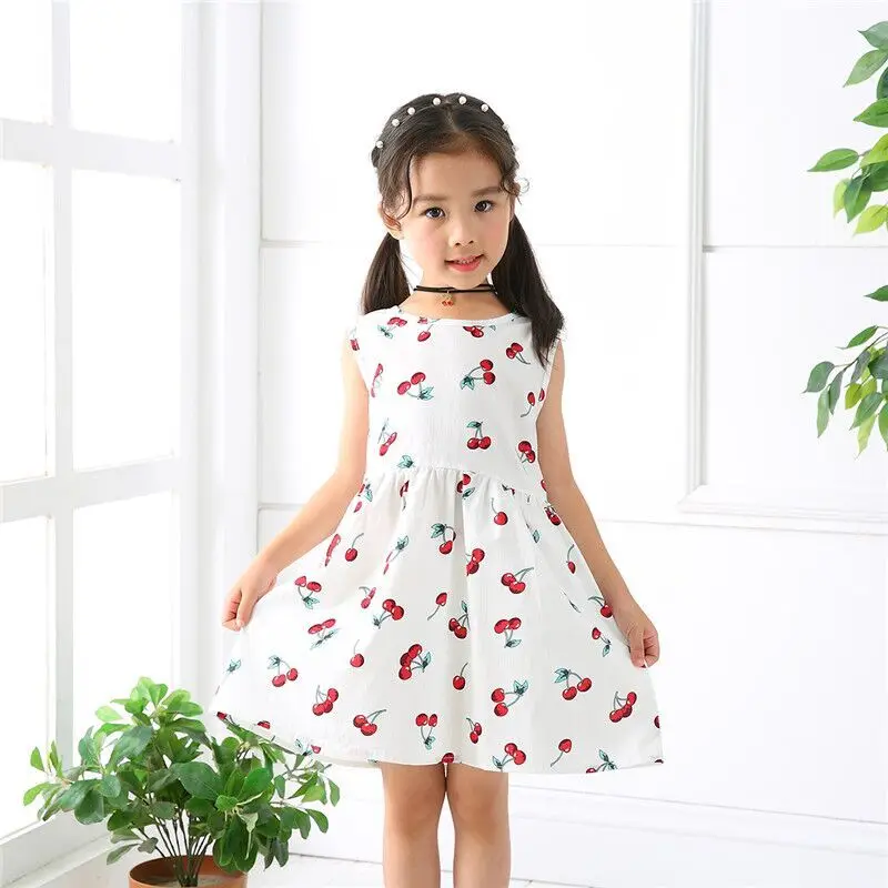 Baby Girls Cherry Print Dress Little Princess Dresses Sleeveless Skirt Outfits 2-7 Years Little Kids Clothing
