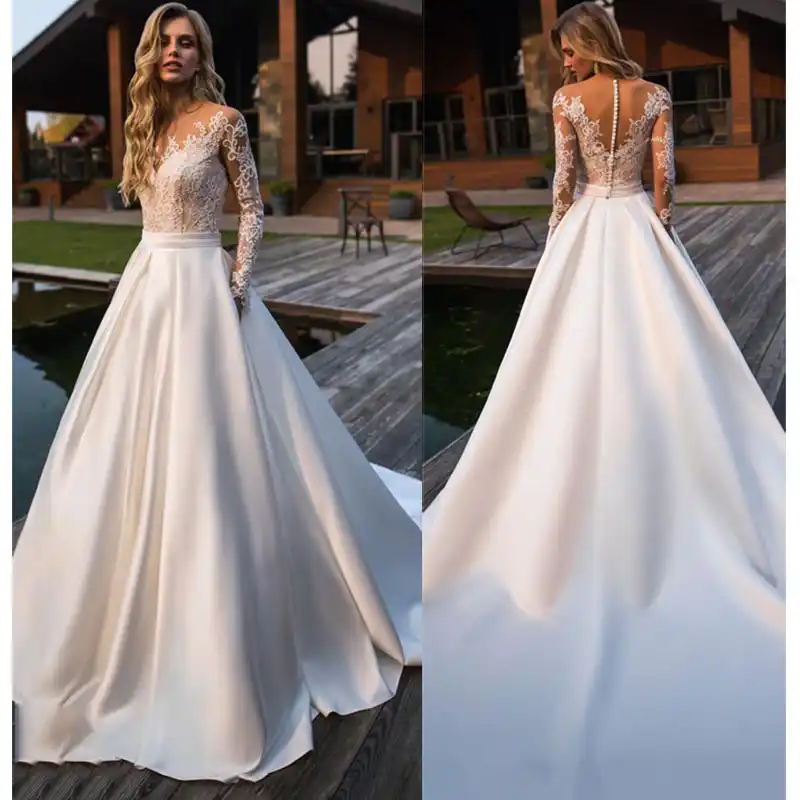 Vestido De Novia De Encaje Elegante De Corte A 2019 Sencillos Vestidos De Novia Vestido Nupcial De Saten Sexy Y Romantico Vestidos De Boda De Longitud Hasta El Suelo Aliexpress