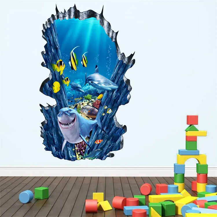 Wall-Stickers3D, звезда, наклейки на стену, фальшивое окно, дельфин, Акула, спальня, гостиная, декоративная живопись, Декор