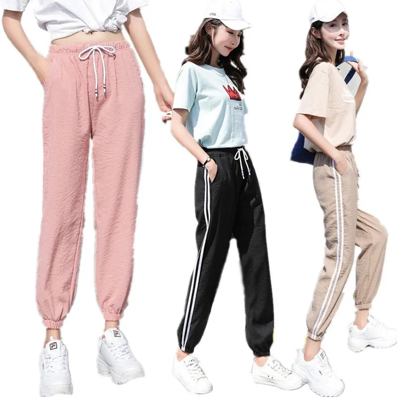 

Women Pants White Side Striped Streetwear Loose Jogger Harem Trousers Elastic Waist Ladies Sweatpants Casual cargo Harem Capris
