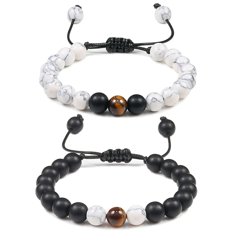 Adjustable Couples Distance Beaded Bracelets Natural Stone Lava Matte White Black Braided Bracelet for Men Women Gifts Pulseiras