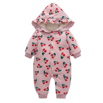 

Baby Girls Boys Hoodies Cartoon Printing Hooded Thickened Splicing Cotton Jumpsuit Kids Winter Long Sleeve Buttons Bodysuit