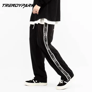 

Pants Men Embroidery Side Stripe Drawstring Joggers 2020 Spring Autumn Loose Straight Harem Joggers Casual Streetwear Trousers