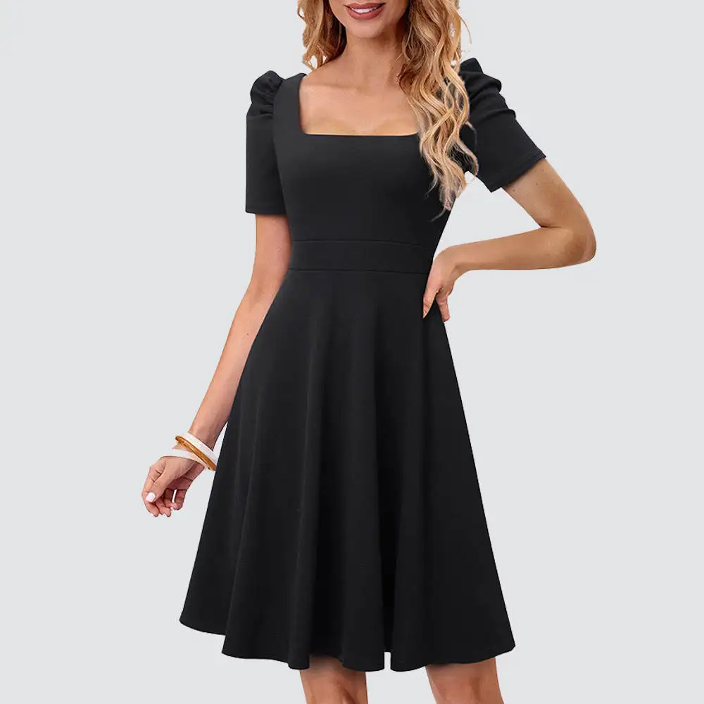 Abito Da Donna Elegante Elegante In Tinta Unita Con Collo Quadrato In Tinta Unita E Svasato Ha284