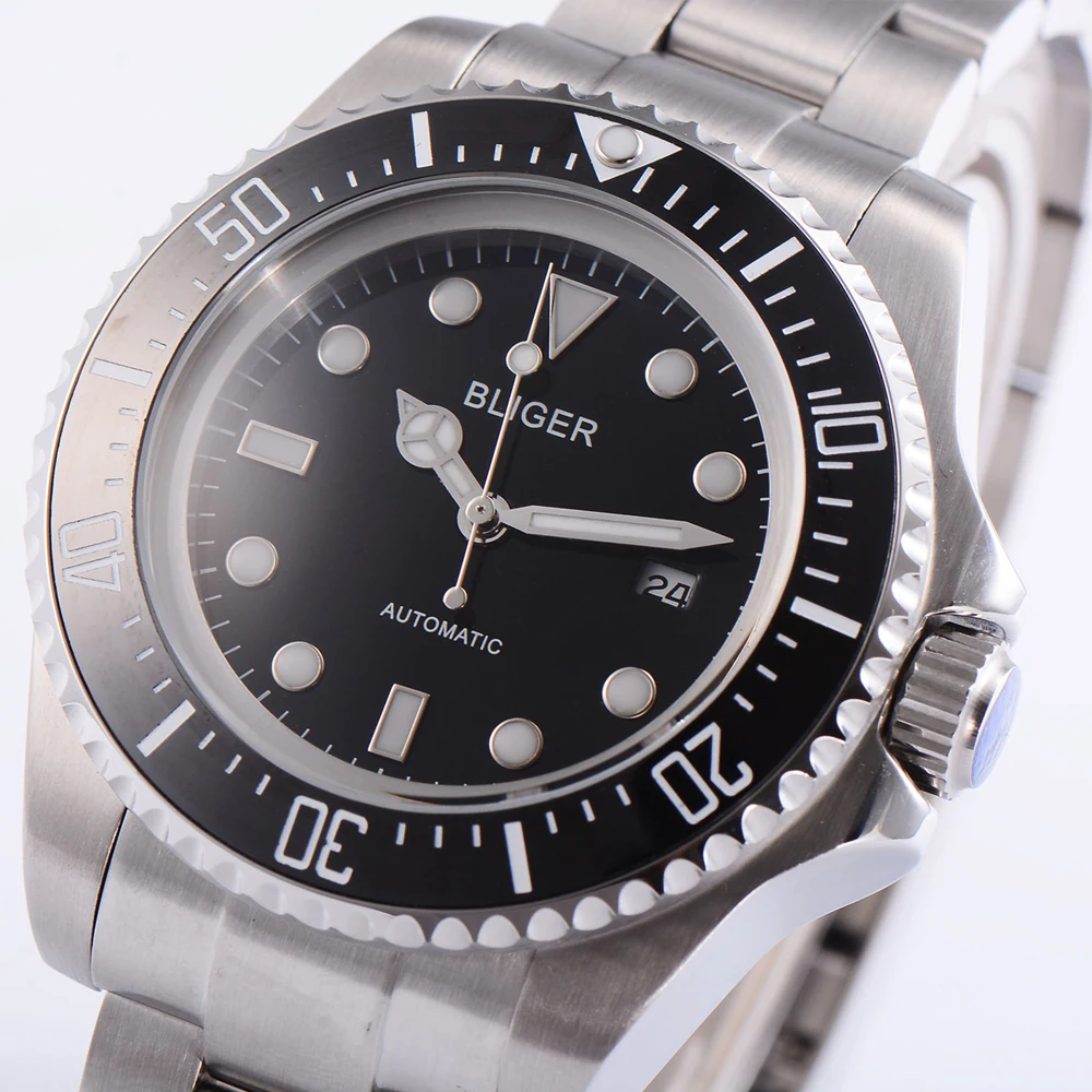 

BLIGER 44MM Men's Black Dial Luminous Marks Date Window Automatic mechanical watches Stainless Steel starp waterproof male Watch