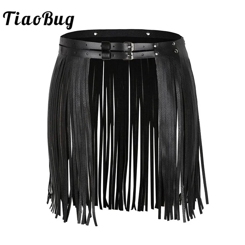 

TiaoBug Fashion Adjustable Faux Leather Waistband Punk Gothic Women Fringe Tassel Skirt Belt Club Party Rave Costume Harness
