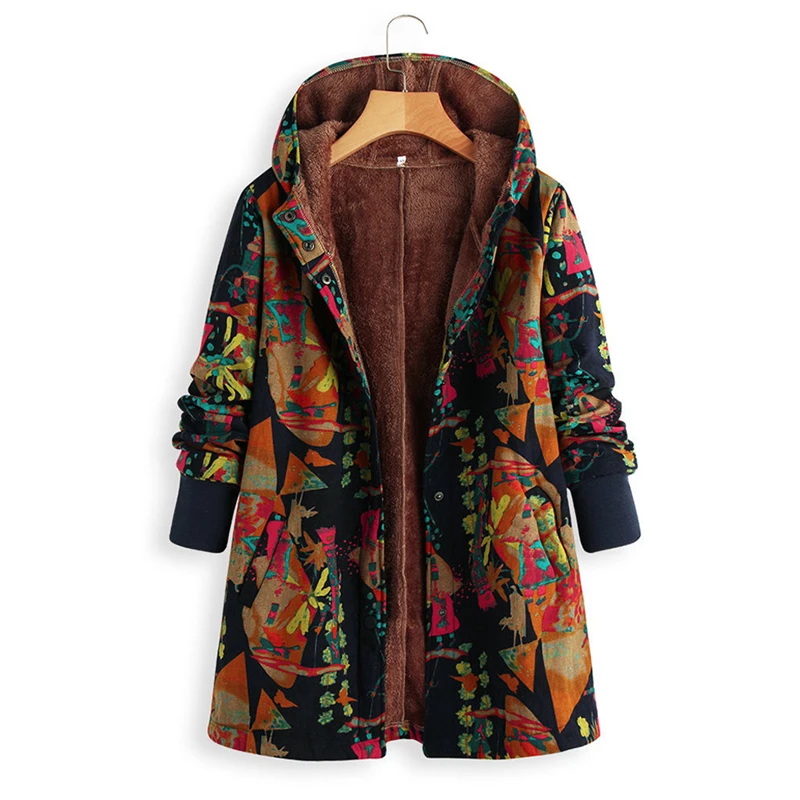 CHAMSGEND, Женское зимнее пальто, Повседневная зимняя теплая верхняя одежда с цветочным принтом, флисовое Женское пальто с капюшоном размера плюс, длинное пальто с карманами 923