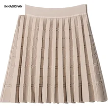 INNASOFAN трикотажная Мини-юбка Женская осенне-зимняя плиссированная юбка с высокой талией модная Высококачественная шикарная Однотонная юбка