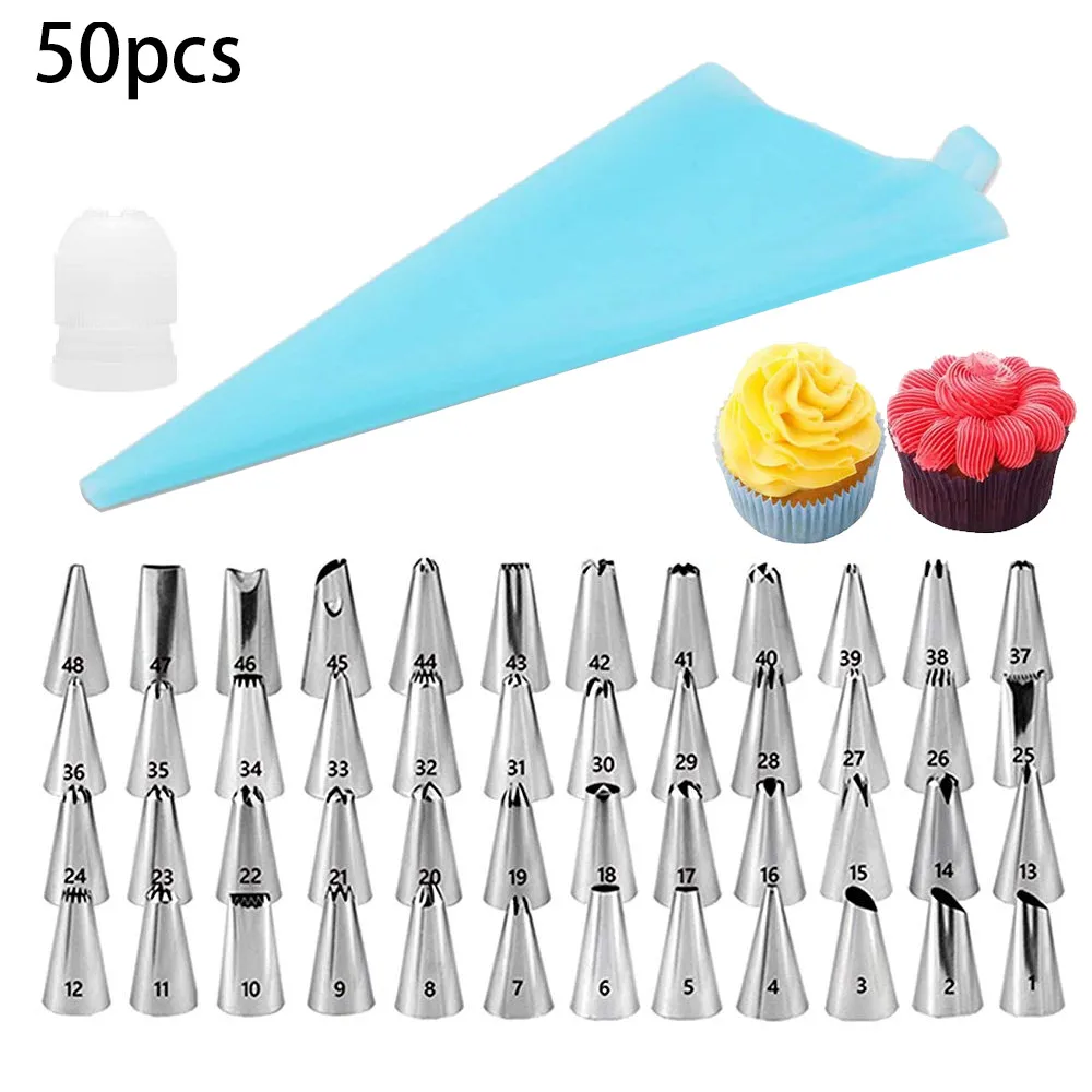 

50 Silicone Pastry Bag 48 Stainless Steel Nozzle DIY Cake Decorating Tip Set Mouth Icing Piping Cream Cookie Baking Decor Tools