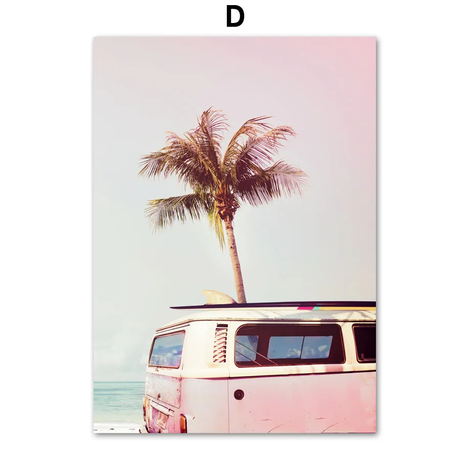 Розовый автобус лес небо море кокосовое дерево настенный Арт холст живопись скандинавские плакаты и принты настенные картины для гостиной домашний декор - Цвет: D