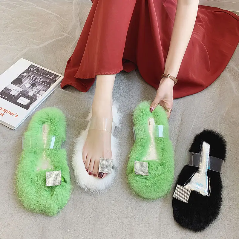 

2019 Autumn New Style Toe Covering Square Buckle Man-made Diamond Transparent Flat Flat Heel Furry Slipper Rabbit Fur Split Toe