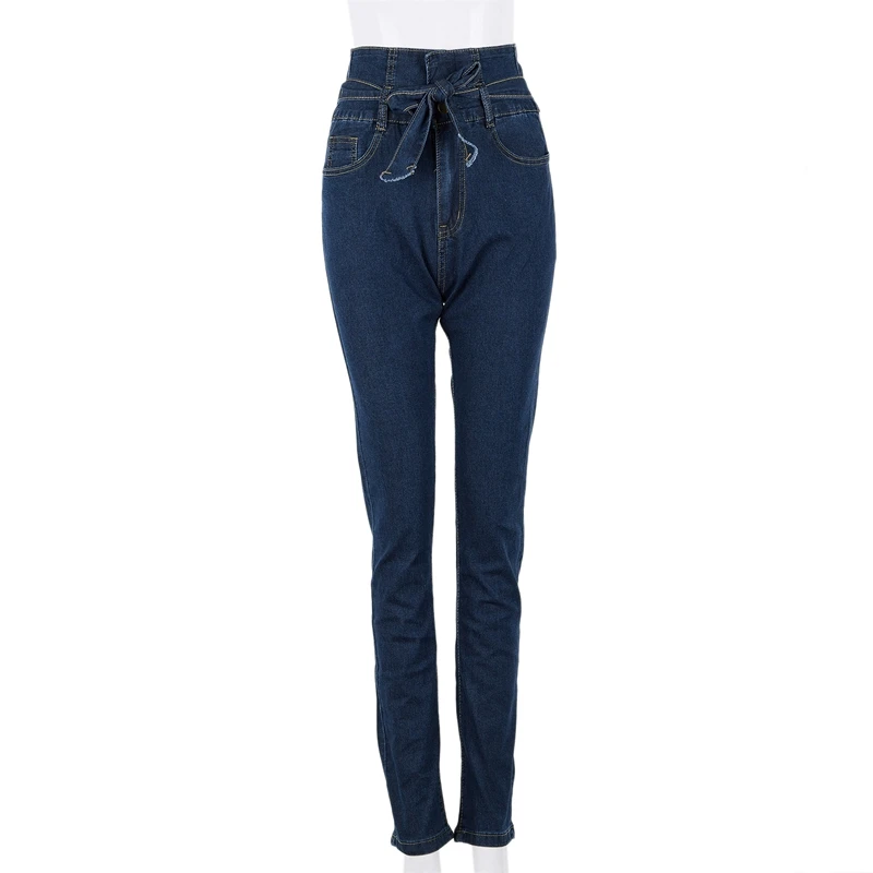 Women Fashion High Waist Slim Straight Jeans Ladies Casual Pockets Denim Trousers Feet Pants With Belt Plus Size Xxl