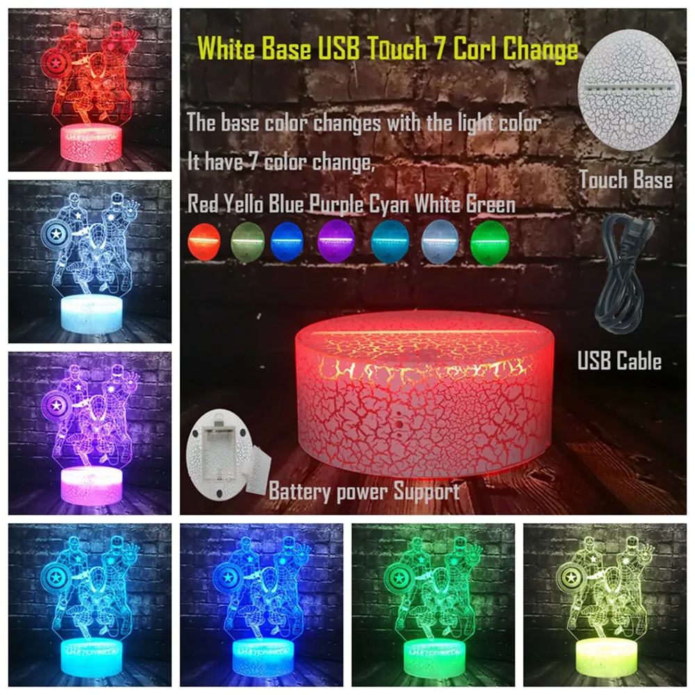USB Touch 7 Color Поверхностный датчик лампы Марвел из Мстителей герой Иллюзия 7 цветов USB зарядка Железный Человек-паук Капитан Америка Мультфильм светодиодный для украшения комнаты настроение детский ночник Дети Рождество День рождения друг подарок - Испускаемый цвет: USB Touch 7 Color