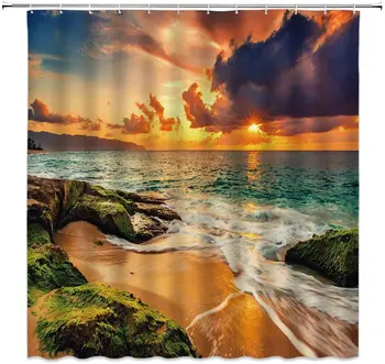 

Ocean Shower Curtain Sunset Beach Sand Reef Ocean Wave Shower Curtain Home Decor Fabric Bathroom Curtain