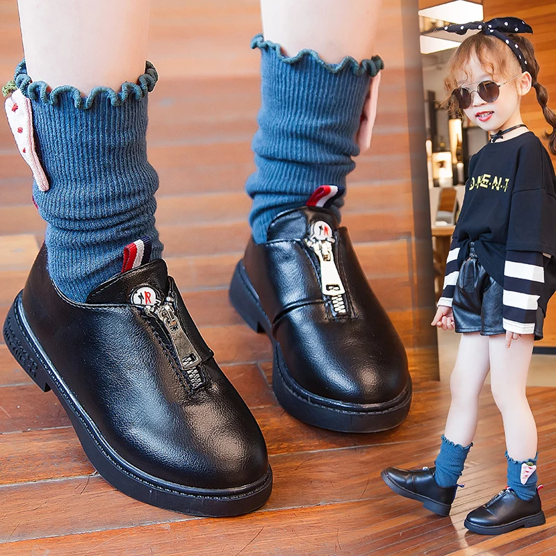 Fall new children's PU leather shoes soft soles girl princess style zipper shoes suitable for student parties