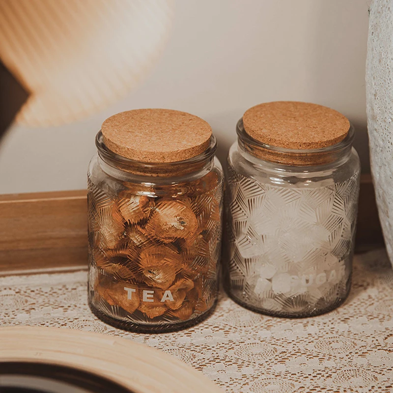 

Transparent Glass Storage Jar with Lid Food Sealed Cans Coffee Tea Cans Embossed Pattern Candy Nuts Storage Bottles Containers