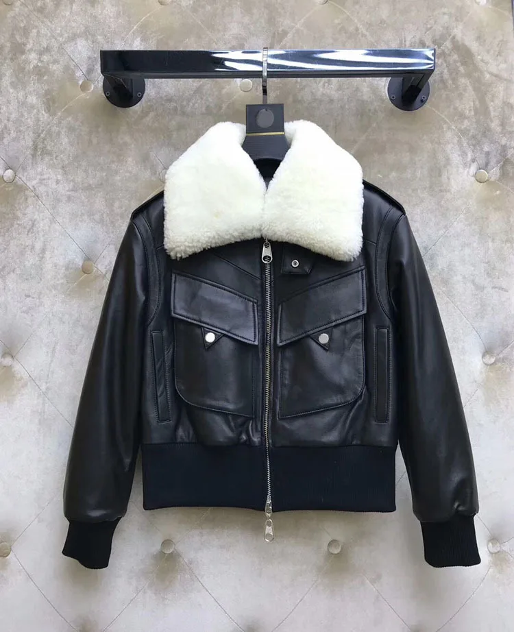 

2019 Autumn and Winter Women's New Style Fashion Cool Collar Real Leather Black Jacket Free Shipping Worldwide