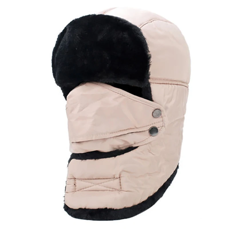 Khaki Trapper Hat Waterproof Warm Snow Cap Sherpa Ski Cap Earmuffs Windproof Fur Winter Cossack Russian Sports with Mask - Цвет: Khaki