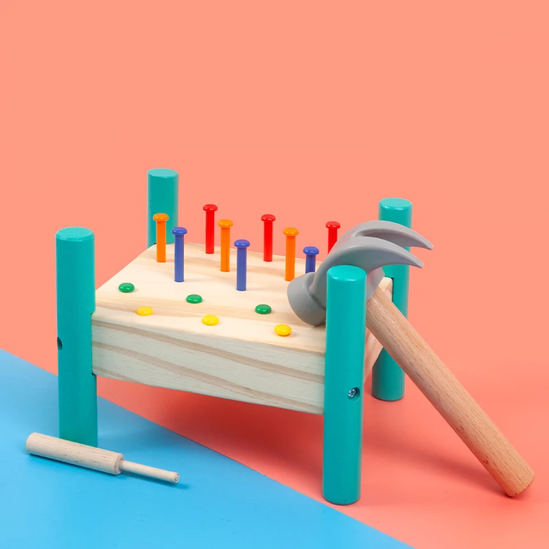 Montessori Wood Children Colorful Knock Nails Tool Toy Hammer Hitting Plastic Nail Educational Toys for Boy Early Learning Gift