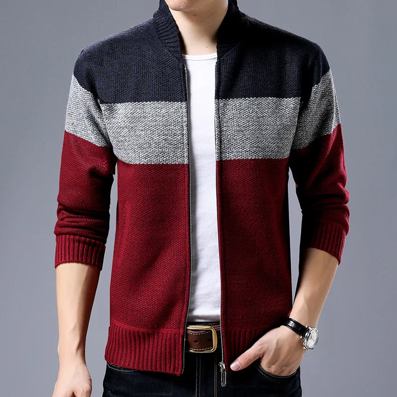 Men Casual Stand Collar Knitting Sweaters Mixed Colors Striped Cardigan Sweater Zipper Winter New Warm Outerwear M-3XL |
