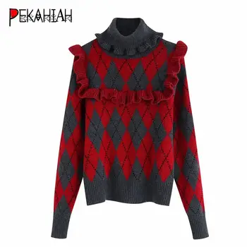 

elegant ruffle turtleneck sweater women knitted pullover casual long sleeve argyle sweater winter womens sweaters 2019