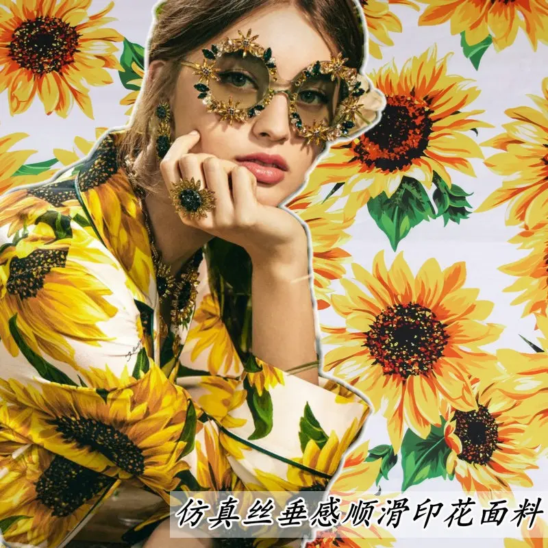 

Spring and summer new sunflower flower simulation silk fabric handmade cloth diy dress cheongsam shirt pants cloth