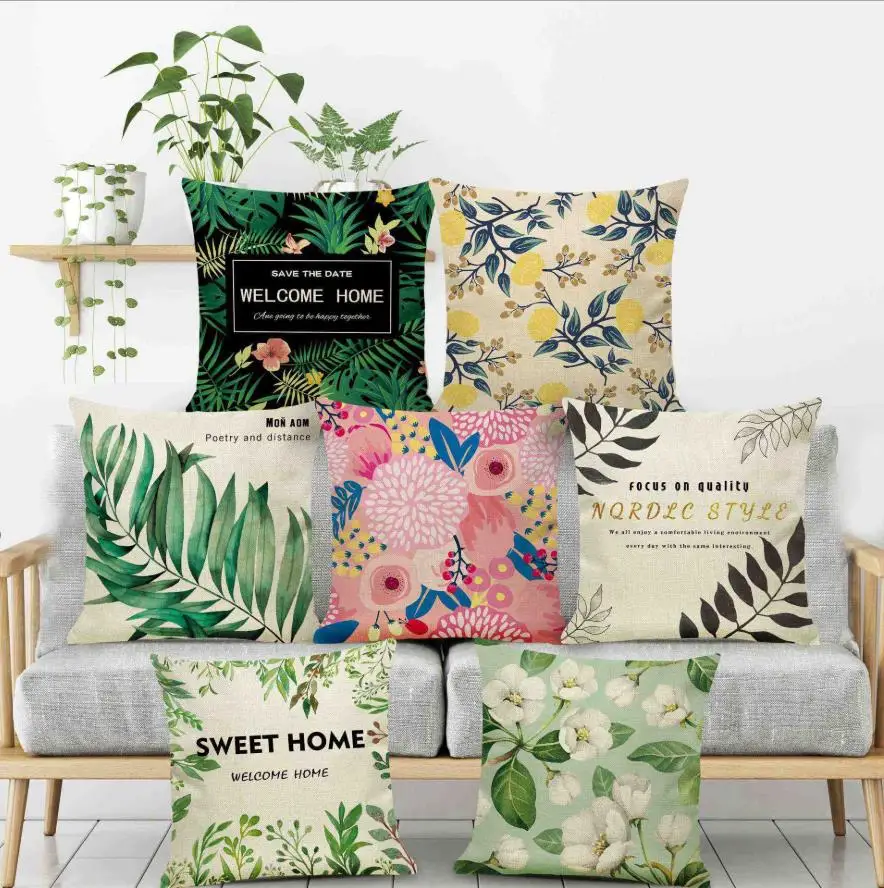 Nordic Floral Cushion Green Leaf Flowers Decorative Pillow Sofa Home Decor Decoration Pillowcase 18x18