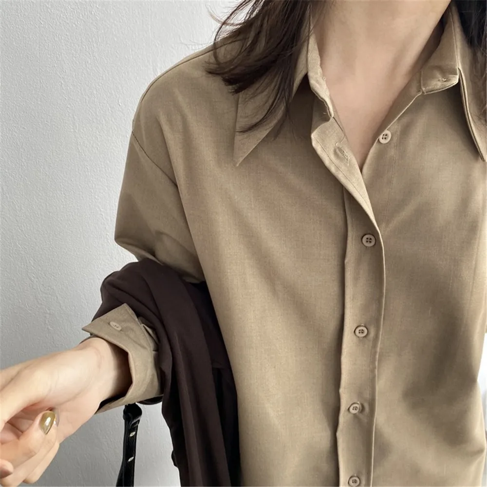2020 Spring Women Brown Shirt Female Blouse Tops Long Sleeve Casual Turn-down Collar Style Women Loose Office Blouses Z1695 (41)