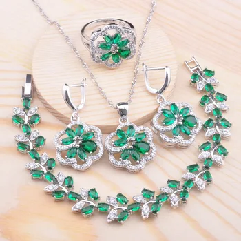 

Green Stone Zirconia Silver Color Jewelry Set For Women Wedding Cifts Bracelet Necklace Pendant Earrings Ring 2020 New QS0717