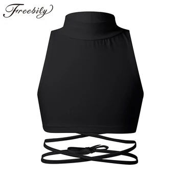 

Children Girls Sleeveless Mock Neck Strappy Ballet Gymnastics Crop Tops Kids Hip Hop Jazz Stage Dance Clothes Ballroom Dancewear