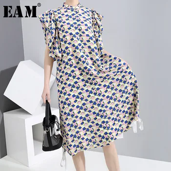 

[EAM] Women Pattern Printed Ruffles Midi Dress New Stand Collar Short Sleeve Loose Fit Fashion Tide Spring Summer 2020 1W011