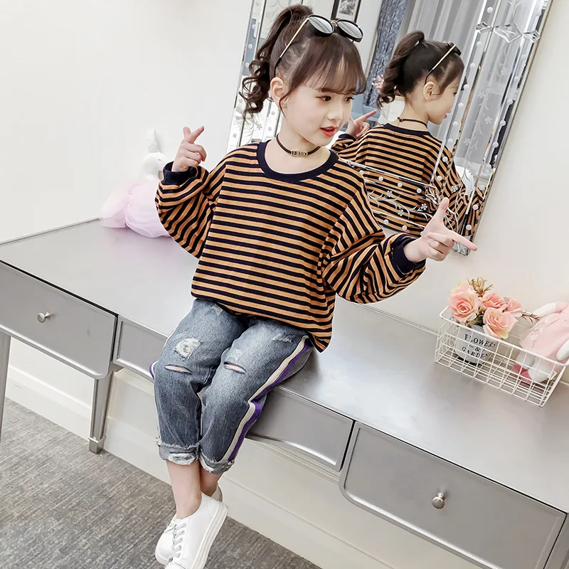 

2019 Spring New Style Girls Big Boy Korean-style Fashion with Drawstring Brace with Holes Elastic Waist Dad Jeans