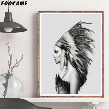 

Posters and Prints Feather Woman Pictures Indians Painting Canvas Wall Art Black and White Pictures Living Room Home Decoration