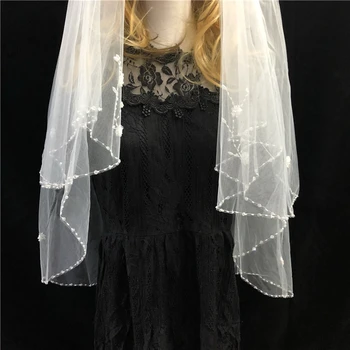 

Two-Layer Women's Short Wedding Veil Sequins Beaded Floral Lace Trim Bridal Mesh Veil With Comb Wedding Accessories