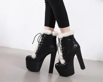 

A+A&& Maomao boots 2019 new stone-grain suede chunky high heel with real wool binding maomao high heel boots are super beautiful