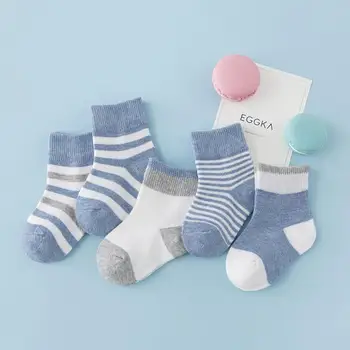 

5 Pairs Kids Socks Toddler Baby Soft Sweat Absorbing Cotton Striped Mid-calf Socks For Kids Boys Girls For 1-10 Years