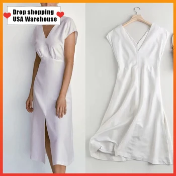 

OUSHANG england indie folk simple solid linen v-neck party summer beach midi dress women dresses Withered evening party dresses