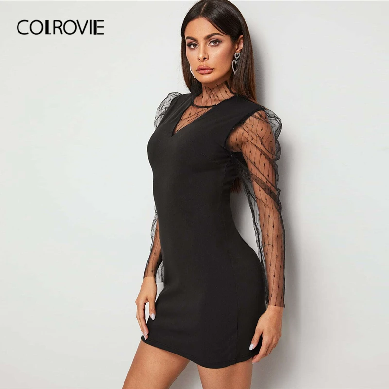 Женское облегающее платье мини COLROVIE однотонное Черное контрастное Сетчатое с