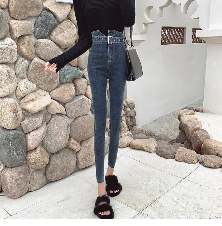 Женские джинсы корейские Леггенсы с высокой талией флисовые Джинсы женские ноги длинные брюки-карандаши двубортные однотонные женские джинсы