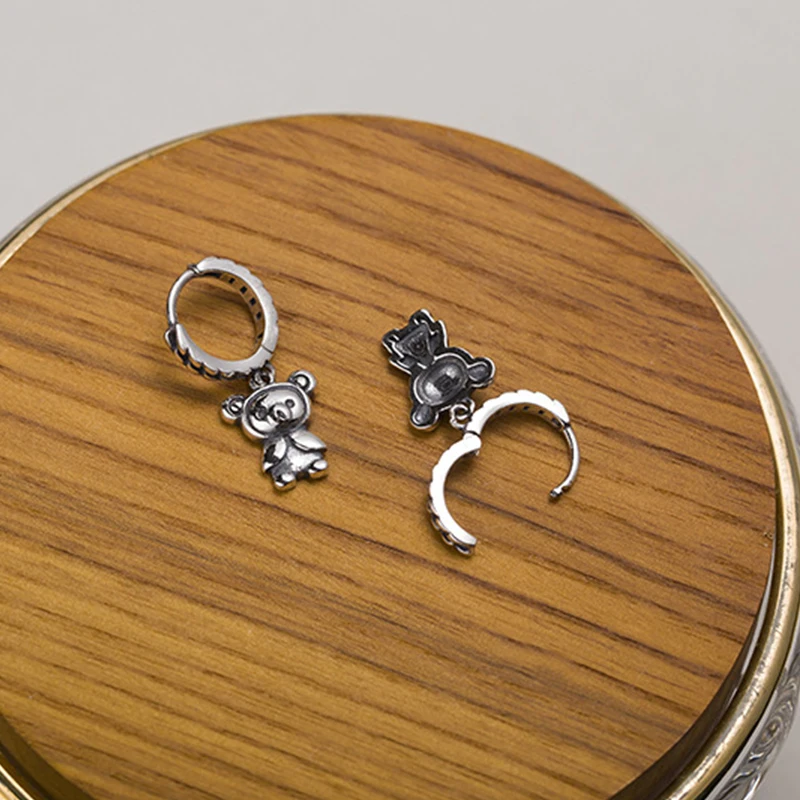 Серьги-капли с милым медведем, 925 пробы, серебряные ювелирные изделия, тайские серебряные подвески с маленьким животным, серьги с круглой застежкой для ушей, женские серьги