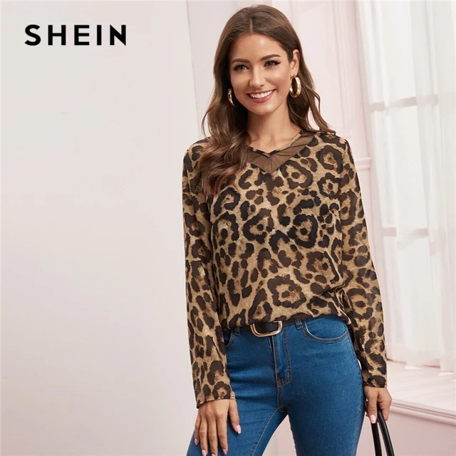 SHEIN Multicolor Mesh Insert Leopard Print Top Sheer Blouse Women Spring Summer V Neck Office Ladies Casual Blouses Blouses & Shirts Women's Women's Clothing