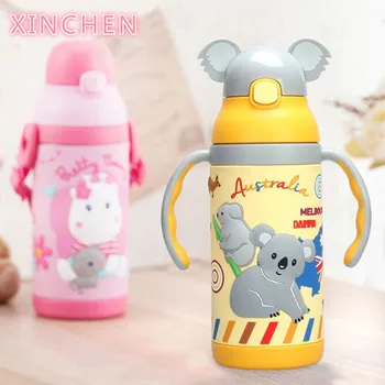 

XINCHEN 400ml Cartoon Children Thermos Cup Stainless Steel Vacuum Water Bottle with Straw Portable long Rope Baby Training Cup