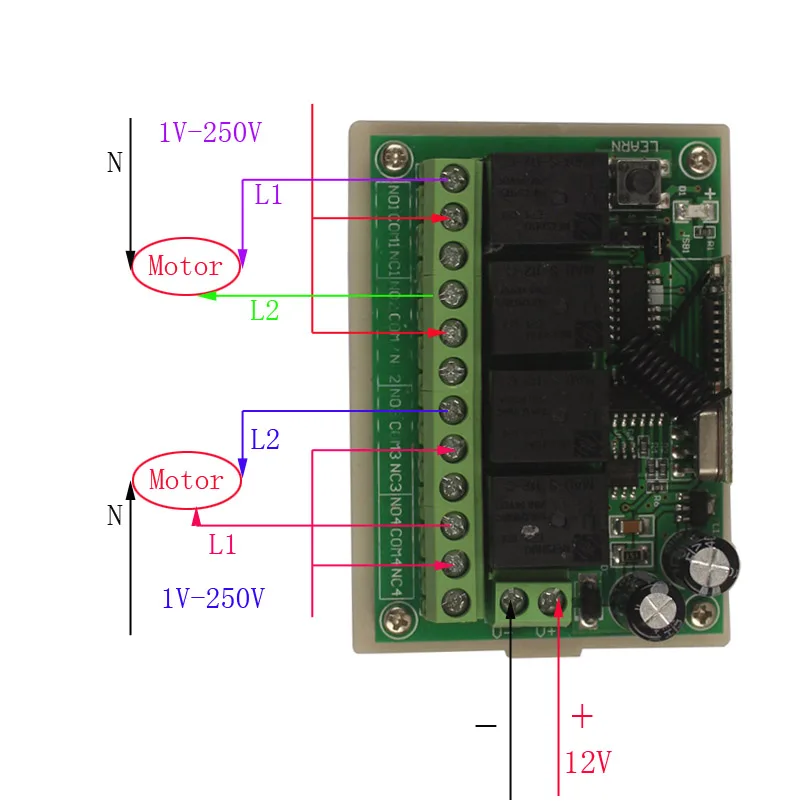 

433Mhz 12V 4CH Universal Wireless Remote Control Switch Module DC12V 4CH Relay Receiver Module 315MHz