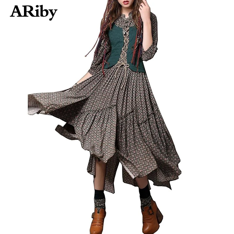 ARiby платье из двух частей, новинка, женское платье с цветочным принтом, индивидуальное длинное платье, винтажное платье с вышивкой и пряжкой, облегающее платье со средним рукавом