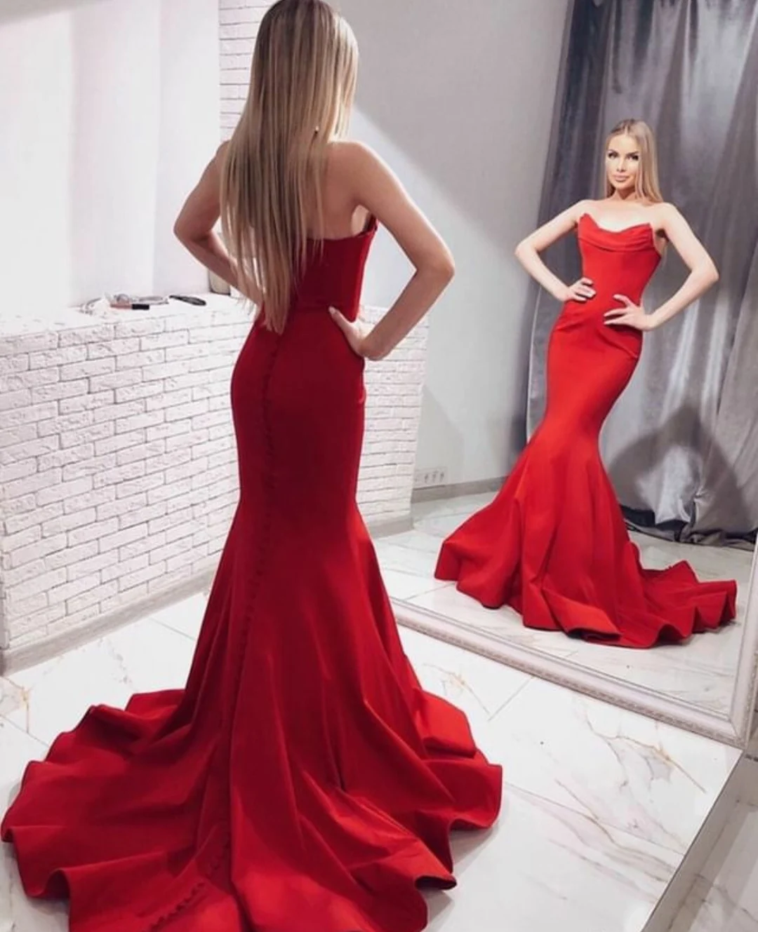 

Sexy Long V-Neck Burgundy Evening Dresses Mermaid Open Back Satin Sweep Train Abendkleid Robes de Soirée for Women