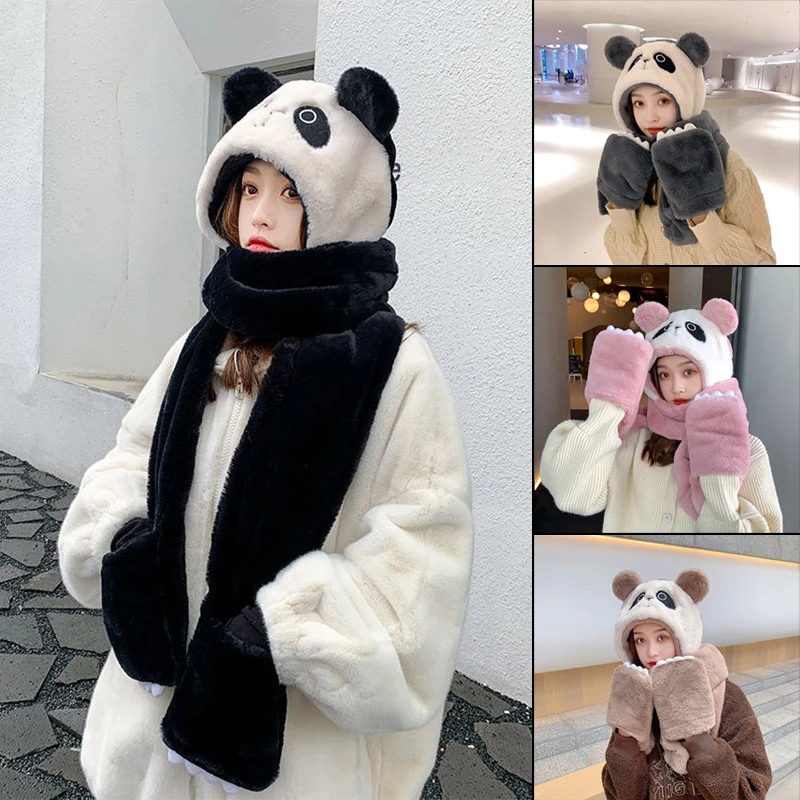 女の子のためのかわいいパンダの帽子 3 In 1 暖かい柔らかいぬいぐるみ フード付きスウェットキャップ ミトンのスカーフセット 寒い天候の贈り物 Lxh スカーフ 帽子 手袋セット Aliexpress
