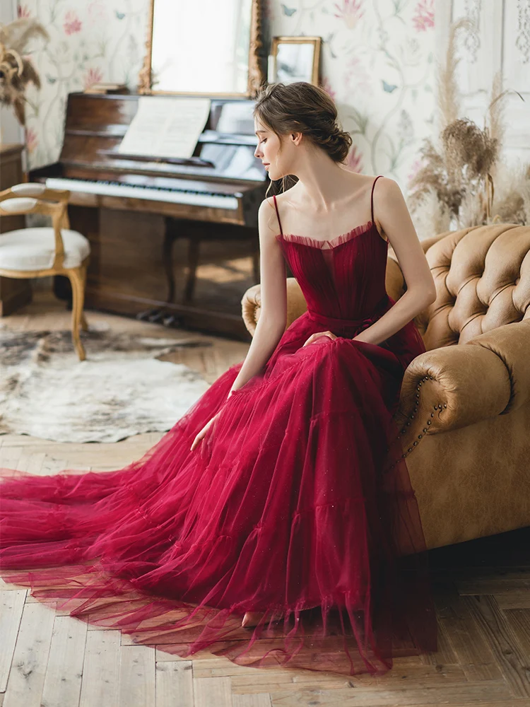 

Elegant Dark Red Muslim Evening Dresses 2019 A-Line Tulle Straps Dubai Saudi Arabic Long Formal Evening Gown Prom Dress