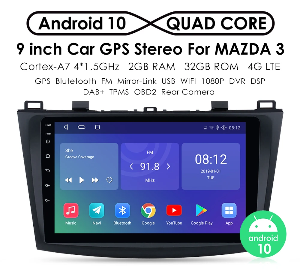 Quad Core 2 din Android 10 9 Inch Car DVD GPS Radio Stereo For Mazda 3 2010-2013 maxx axela WIFI Multimedia Player Free MAP | Автомобили и